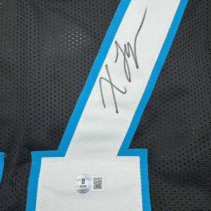 Framed autographed white and blue xavier legette football jersey strap with black signature and witness authentication sticker