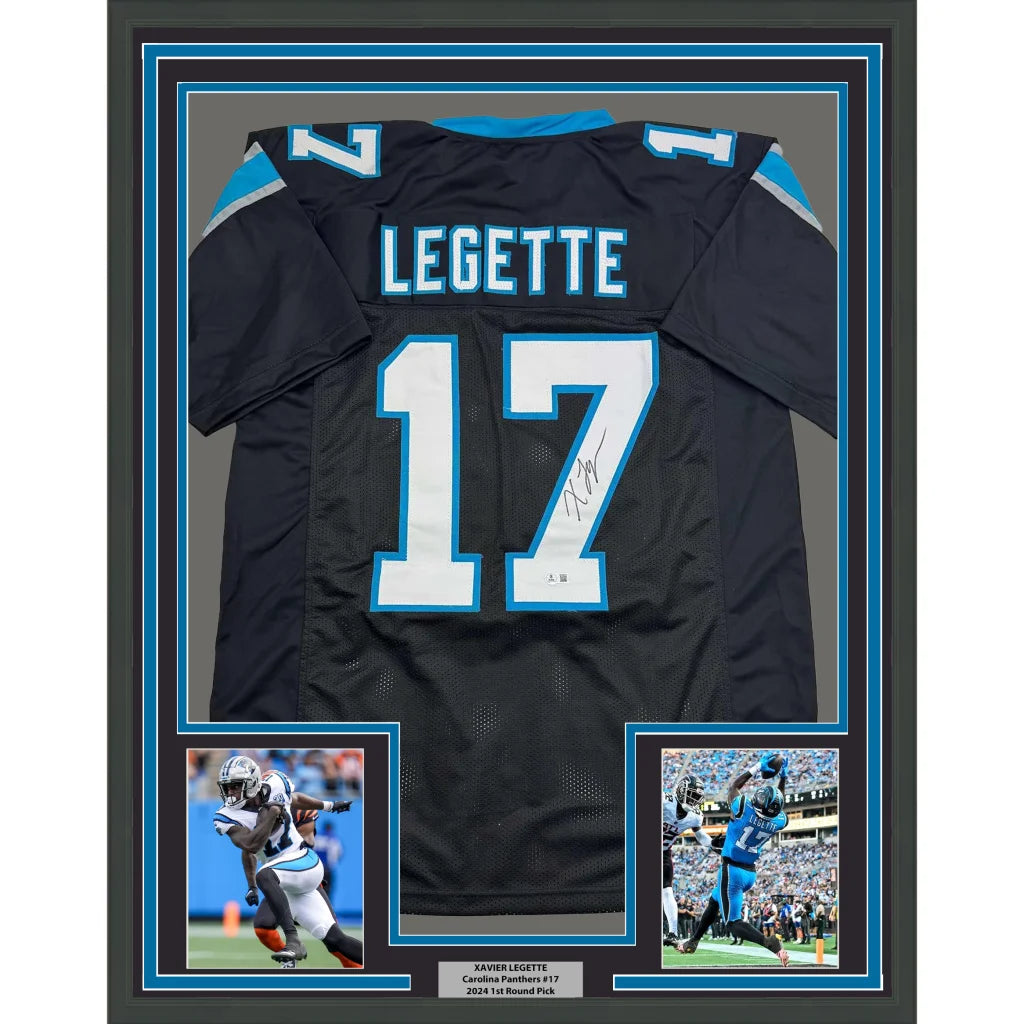 Framed autographed black Carolina Panthers football jersey with white and light blue numbering signed by Xavier Legette