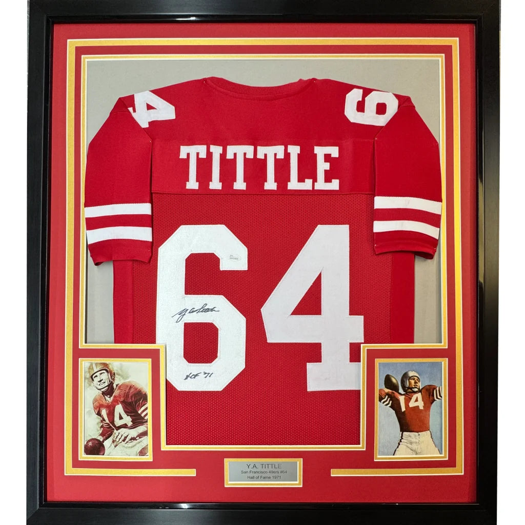 Framed Y.A. Tittle signed jersey with player photos, perfect man cave centerpiece