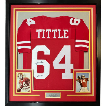 Framed Y.A. Tittle signed jersey with player photos, perfect man cave centerpiece