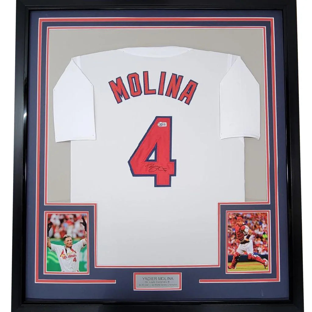 Framed Autographed Yadier Molina 35x39 St. Louis White Baseball Jersey Beckett BAS COA | Hall of Fame Sports Memorabilia | vintageantiquesgifts.com