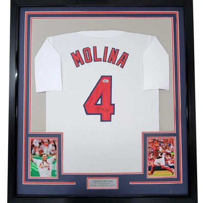Framed Autographed Yadier Molina 35x39 St. Louis White Baseball Jersey Beckett BAS COA | Hall of Fame Sports Memorabilia | vintageantiquesgifts.com