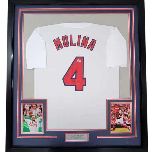 Framed Autographed Yadier Molina 35x39 St. Louis White Baseball Jersey Beckett BAS COA | Hall of Fame Sports Memorabilia | vintageantiquesgifts.com
