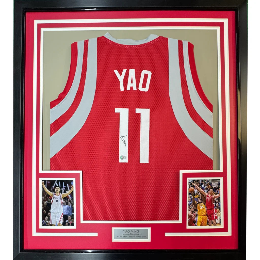 Framed Autographed Yao Ming 35x39 Houston Red Basketball Jersey Beckett BAS COA | Hall of Fame Sports Memorabilia | vintageantiquesgifts.com