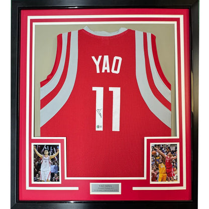 Framed Autographed Yao Ming 35x39 Houston Red Basketball Jersey Beckett BAS COA | Hall of Fame Sports Memorabilia | vintageantiquesgifts.com