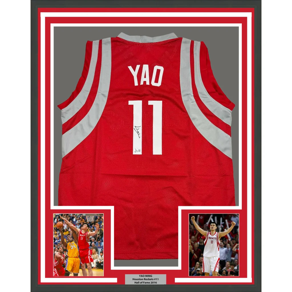 Professionally framed Yao Ming autographed Houston Rockets jersey with commemorative photos