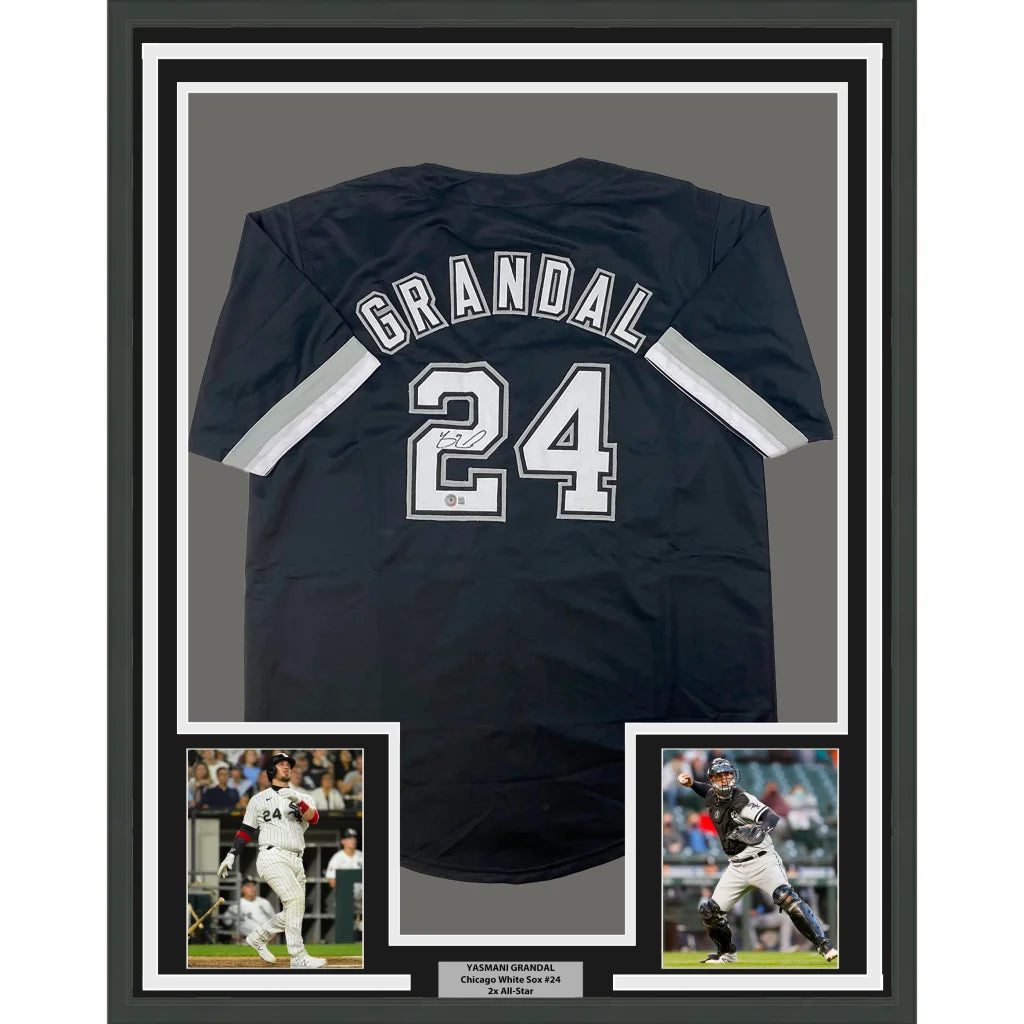 Framed autographed baseball jersey with player photos and nameplate ready to hang