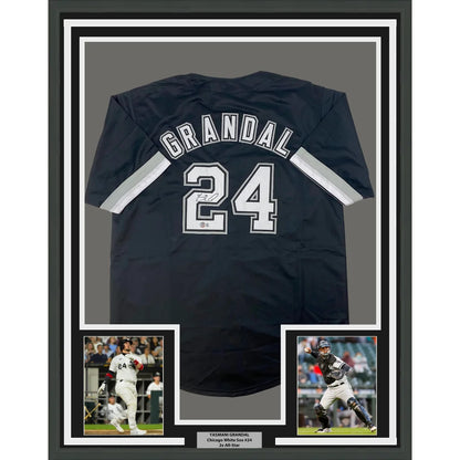 Framed autographed baseball jersey with player photos and nameplate ready to hang