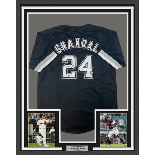Framed autographed baseball jersey with player photos and nameplate ready to hang