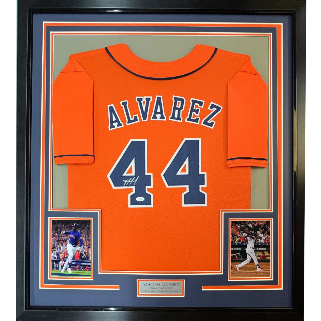 Framed autographed Yordan Alvarez Houston orange baseball jersey with number 44, JSA COA