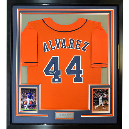 Framed autographed Yordan Alvarez Houston orange baseball jersey with number 44, JSA COA