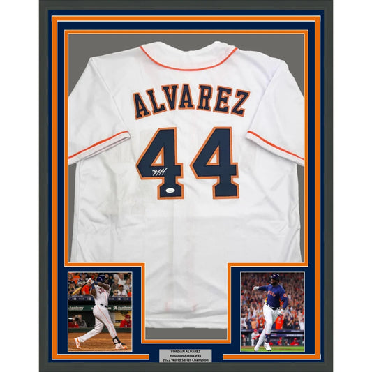 Framed Yordan Alvarez autographed jersey with player photos ready to hang on your wall