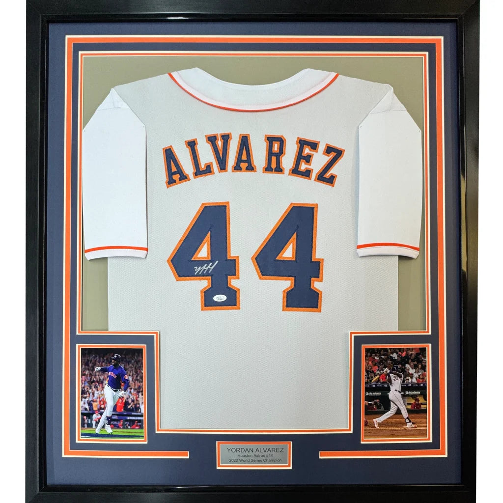 Framed autographed Yordan Alvarez white Houston Astros jersey with name and number, JSA COA