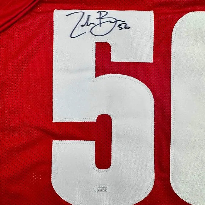 Framed Autographed Zack Baun 35x39 Wisconsin Red College Football Jersey JSA COA | Certified Authentic Signed Memorabilia | vintageantiquesgifts.com