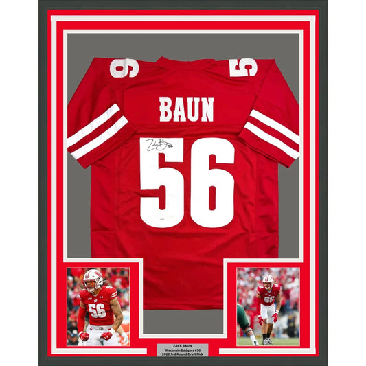 Framed Autographed Zack Baun 35x39 Wisconsin Red College Football Jersey JSA COA | Hall of Fame Sports Memorabilia | vintageantiquesgifts.com