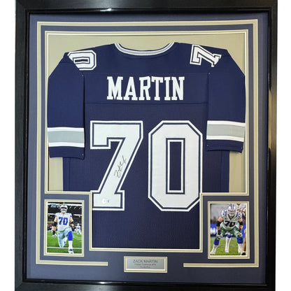 Framed Autographed Zack Martin 35x39 Dallas Blue Football Jersey Beckett BAS COA | Hall of Fame Sports Memorabilia | vintageantiquesgifts.com