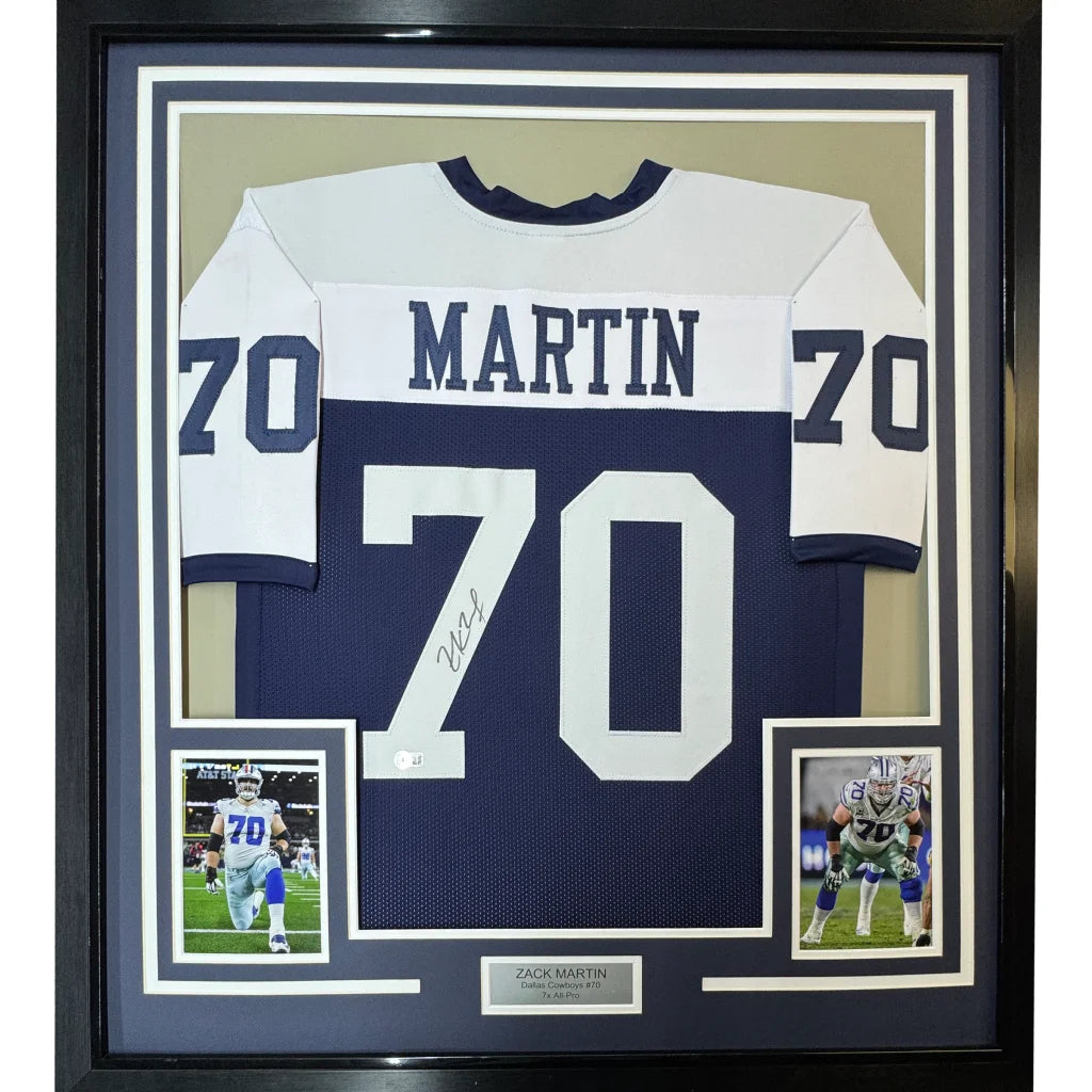 Autographed Dallas Cowboys Martin Jersey with player photos in a frame ready to hang
