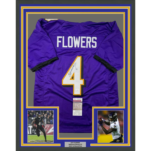 Framed Zay Flowers signed Ravens jersey with player photos ready to hang