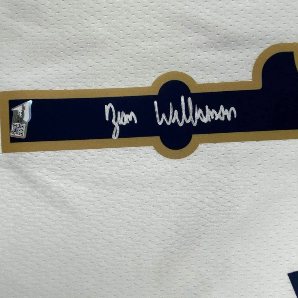 Autographed Zion Williamson Pelicans jersey with security hologram ready for display