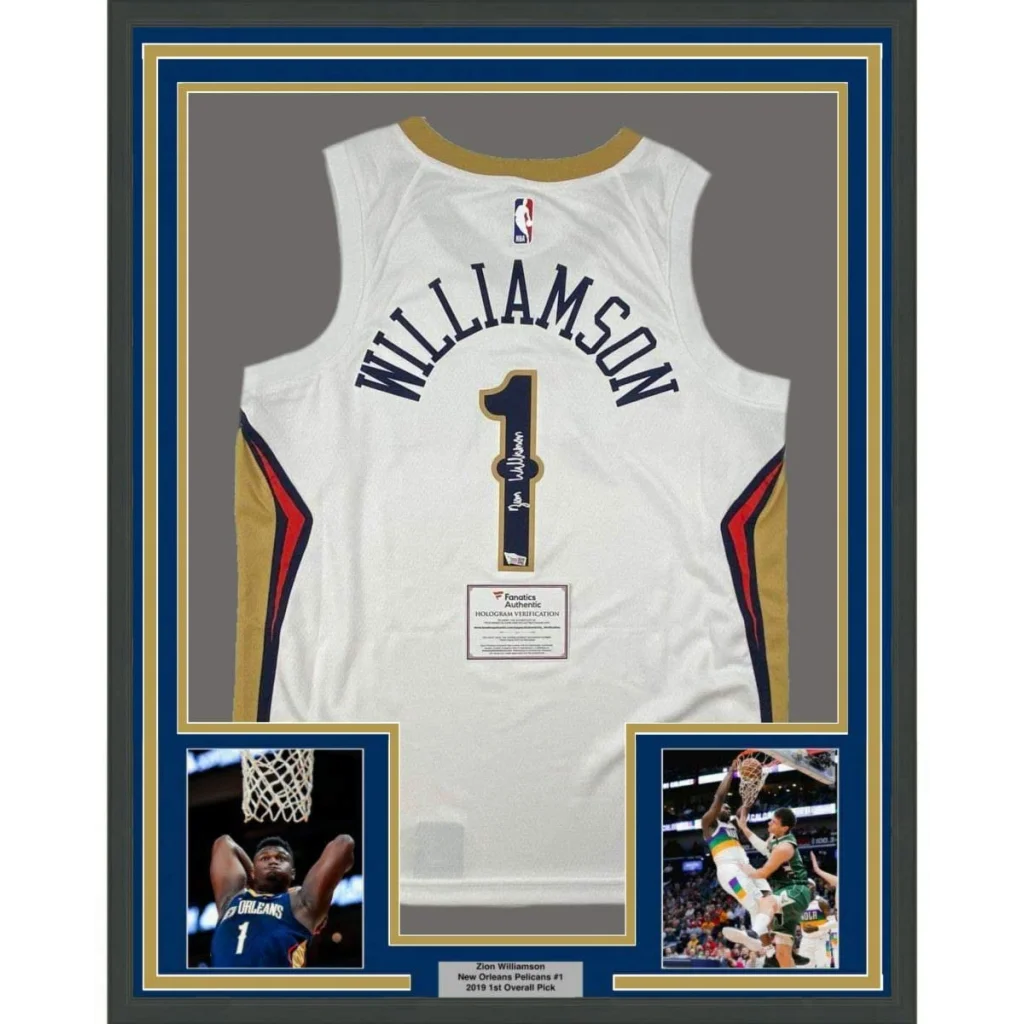 Framed autographed Zion Williamson white Pelicans jersey back with number 1