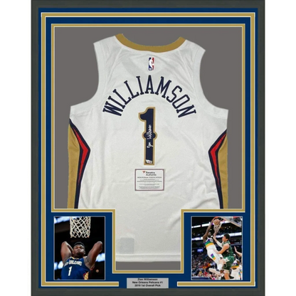 Framed autographed Zion Williamson white Pelicans jersey back with number 1