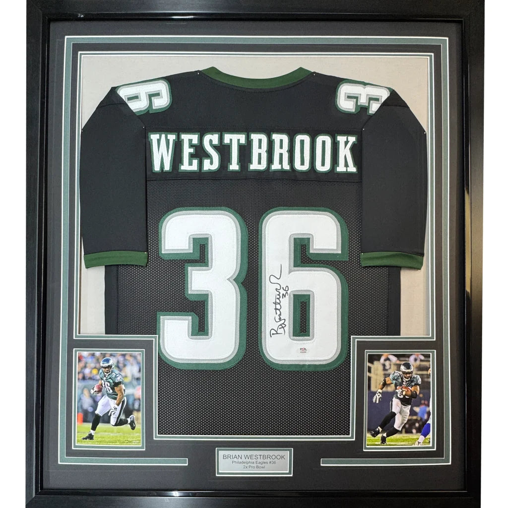 Framed Brian Westbrook Eagles jersey with autograph, action shots, and nameplate ready to hang