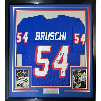 Framed signed blue Football Jersey with number 54 and Bruschi’s name for man cave decor