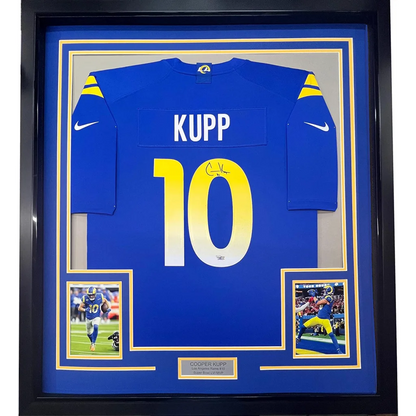 Framed blue Los Angeles Rams Cooper Kupp jersey #10, professionally framed