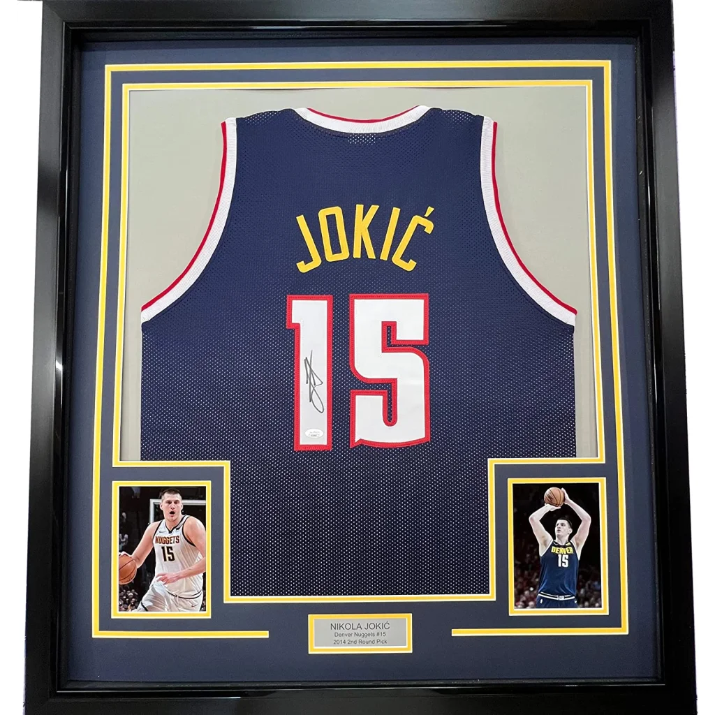 Framed autographed Nikola Jokic Denver Nuggets jersey number 15, professionally framed