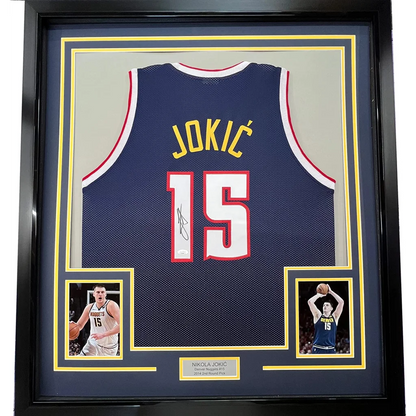 Framed autographed Nikola Jokic Denver Nuggets jersey number 15, professionally framed