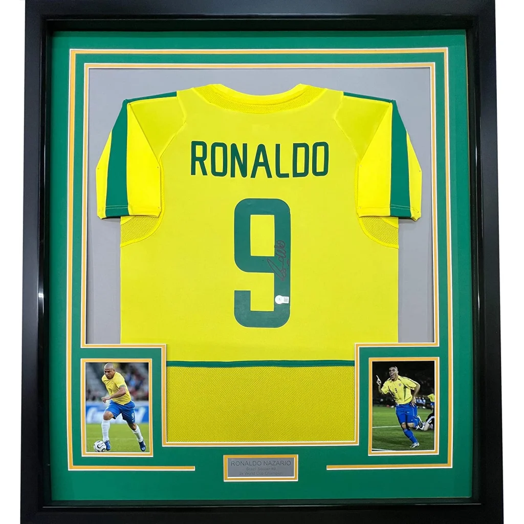 Framed yellow and green Ronaldo Brazil number 9 jersey, professionally framed