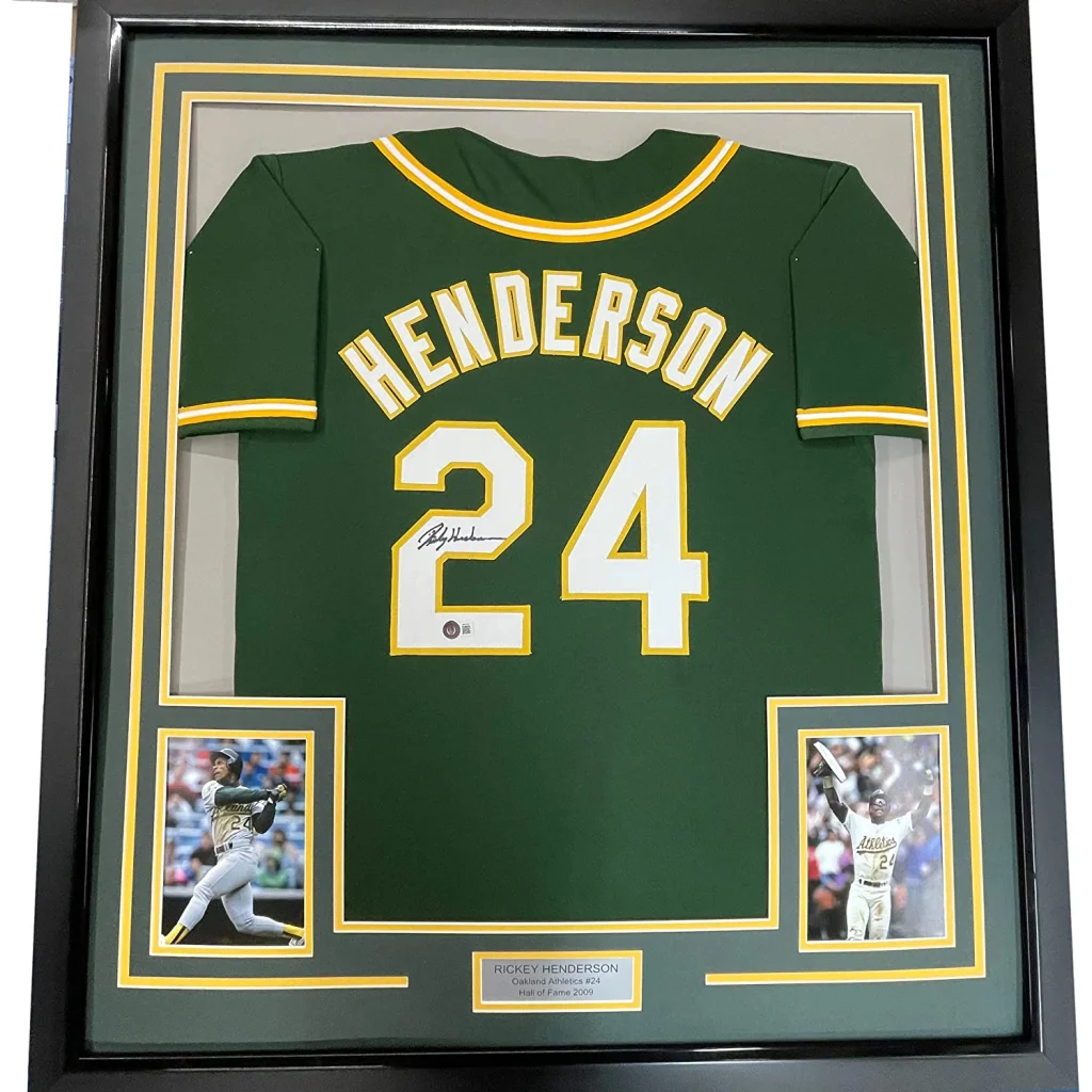 Framed Rickey Henderson signed Oakland Athletics jersey, professionally framed