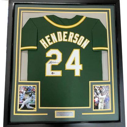 Framed Rickey Henderson signed Oakland Athletics jersey, professionally framed