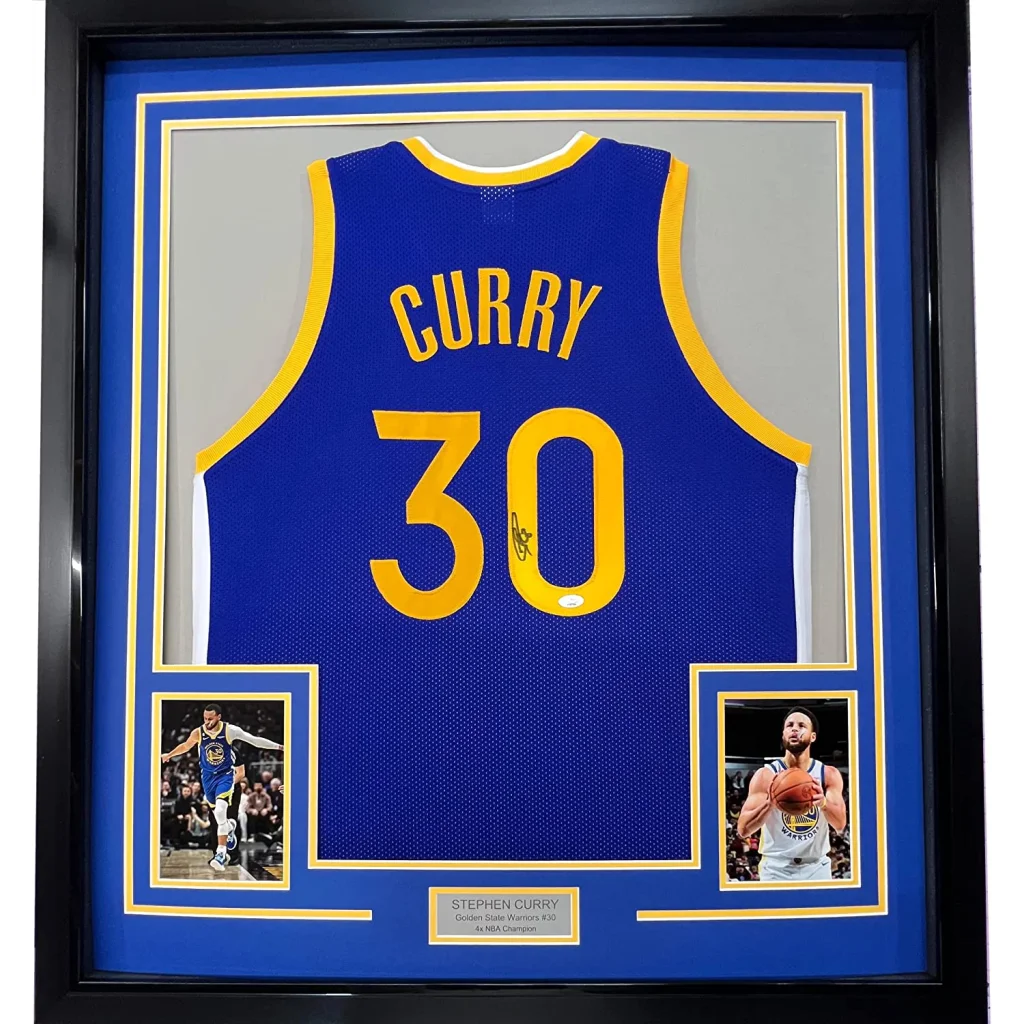 Framed Stephen Curry #30 Warriors jersey in blue and gold, professionally framed