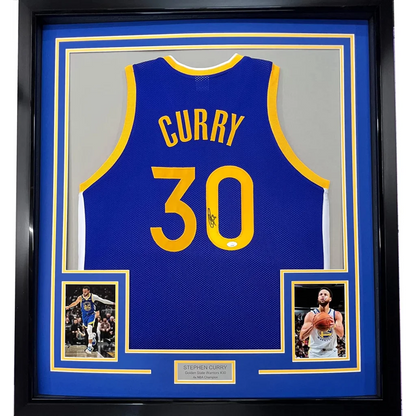 Framed Stephen Curry #30 Warriors jersey in blue and gold, professionally framed