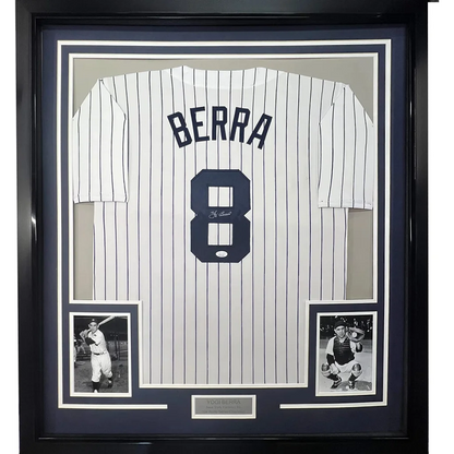 Framed white pinstripe Berra jersey with navy blue 8, professionally framed