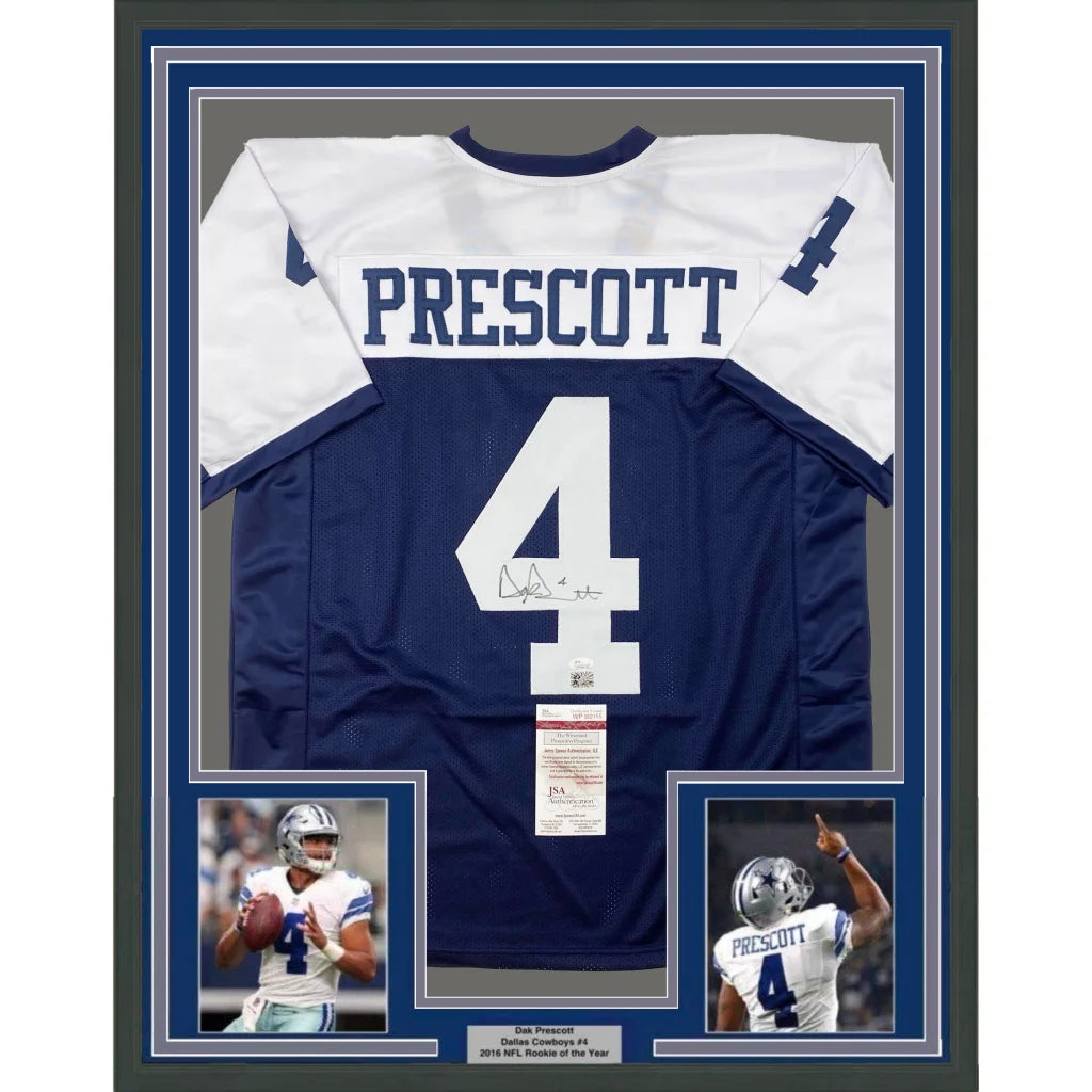 Framed Dak Prescott Dallas Cowboys jersey with player photos and authentication details