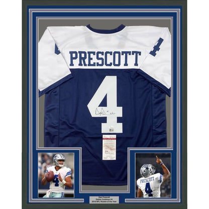 Framed Dak Prescott Dallas Cowboys jersey with player photos and authentication details