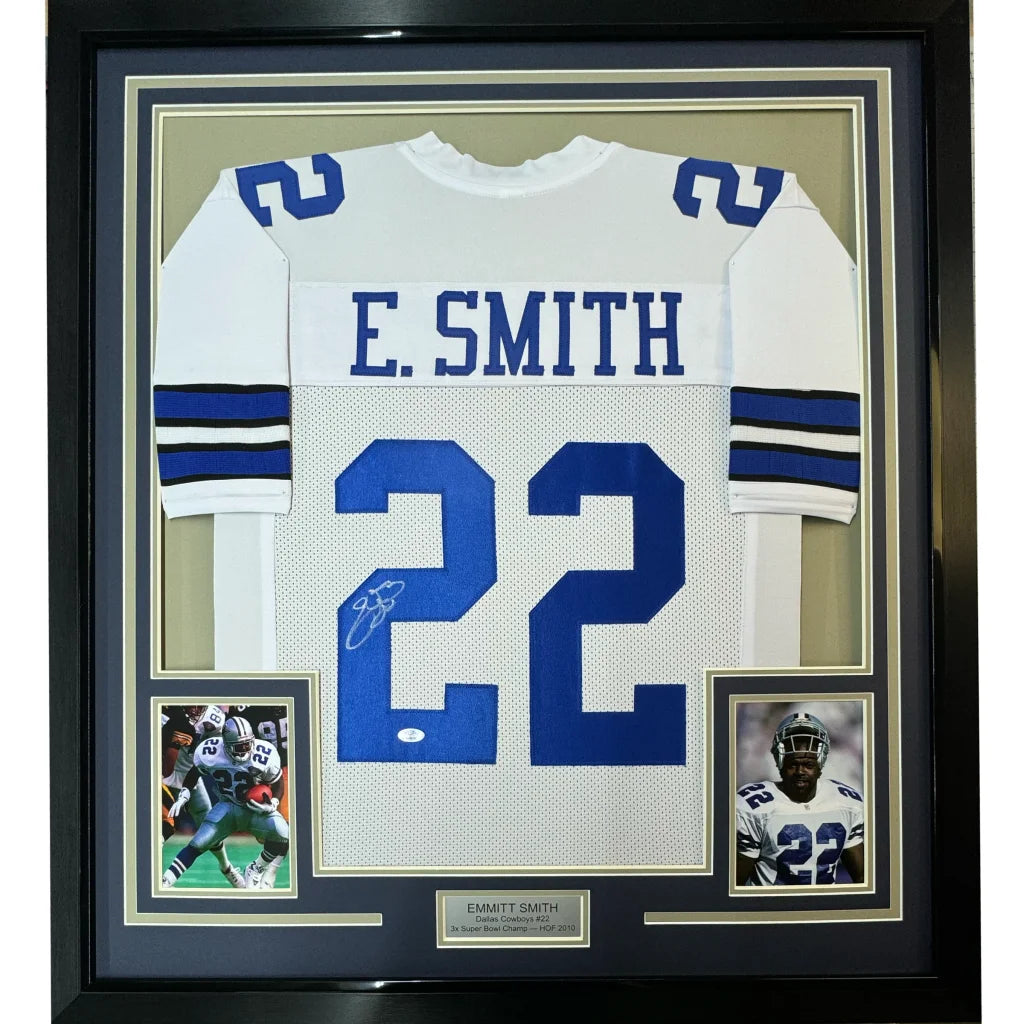 Framed Dallas Cowboys Emmitt Smith autographed jersey with two photos and plaque