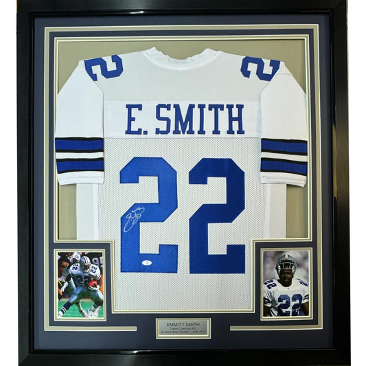 Framed Dallas Cowboys Emmitt Smith autographed jersey with two photos and plaque