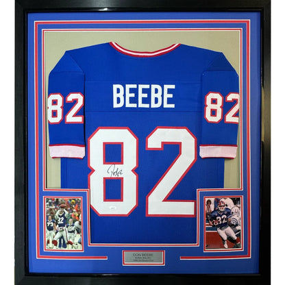 Framed Don Beebe autographed Buffalo Bills jersey with player photos display