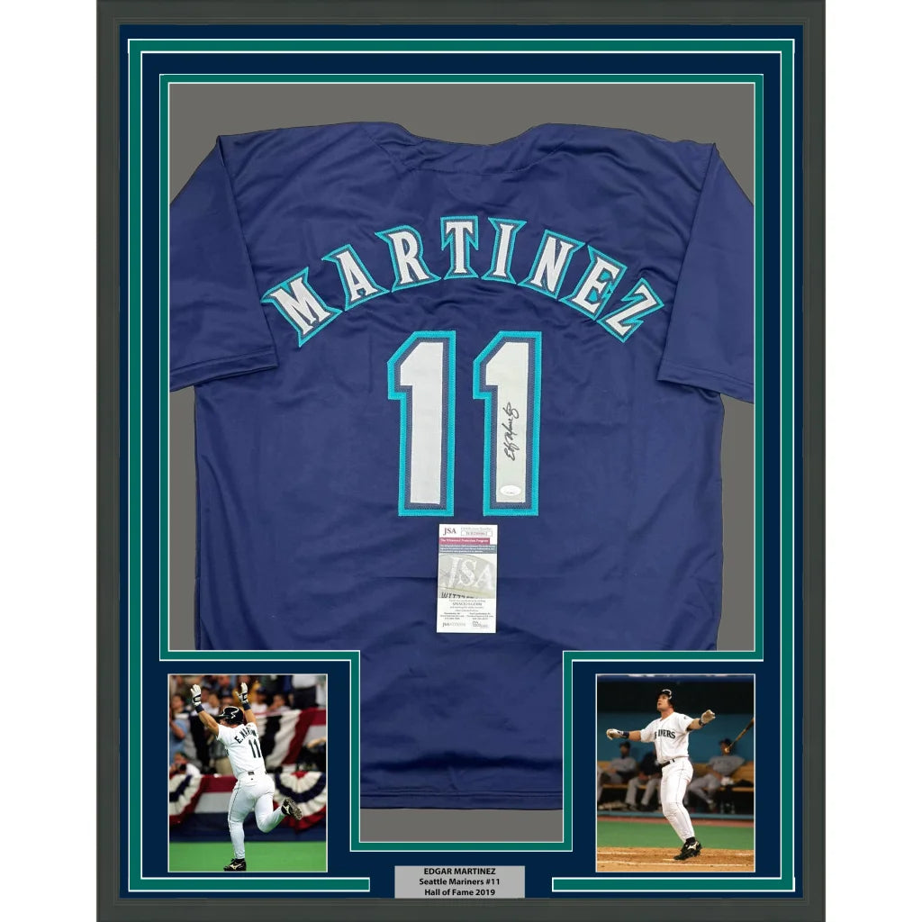 Framed Edgar Martinez autographed jersey with two player photos for display