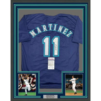 Framed Edgar Martinez autographed jersey with two player photos for display