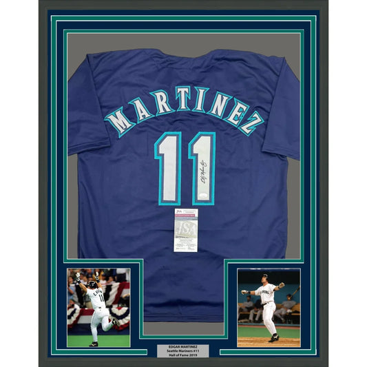 Framed Edgar Martinez autographed jersey with two player photos for display