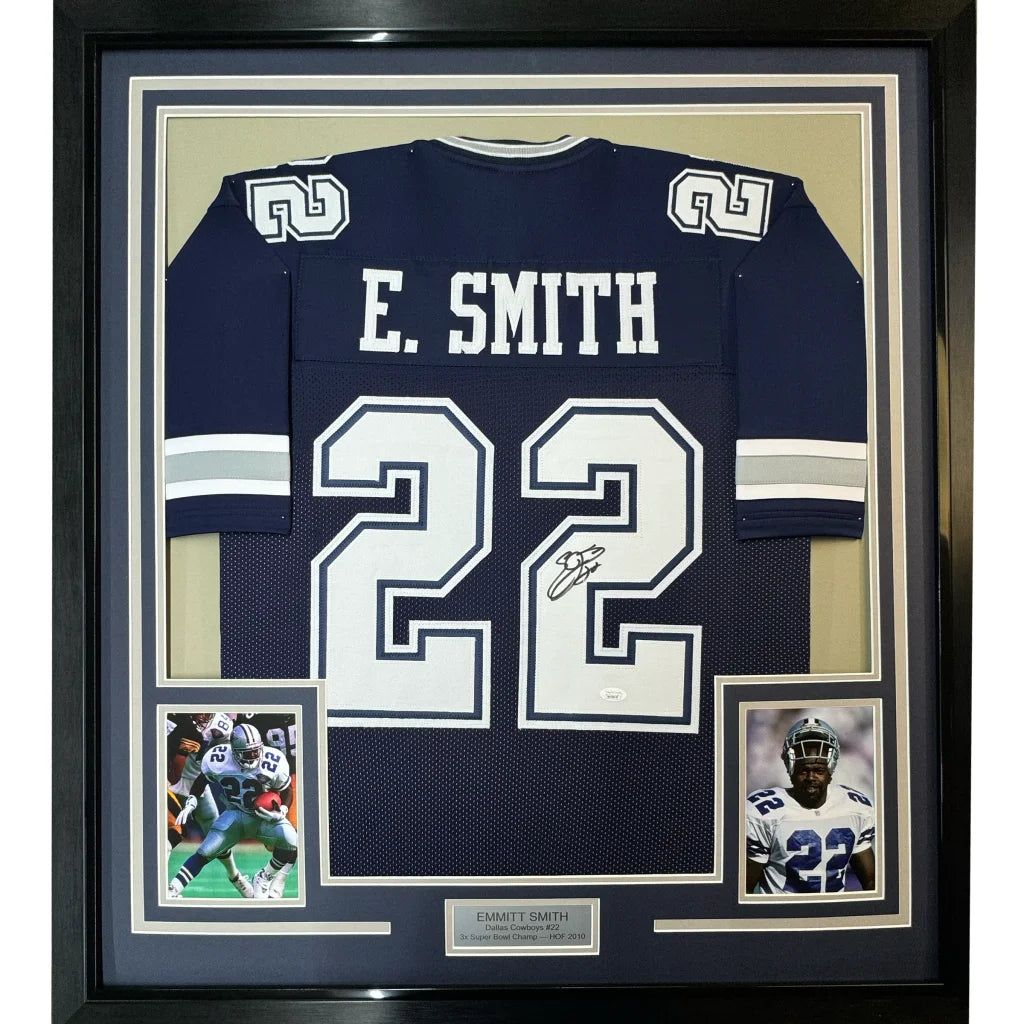 Framed Emmitt Smith signed Dallas Cowboys jersey with photos and descriptive plaque