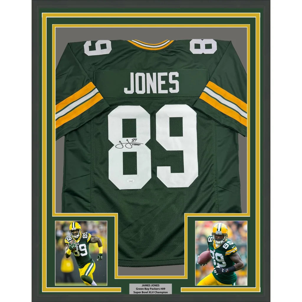 Framed Green Bay Packers James Jones #89 autographed jersey with photos and plaque
