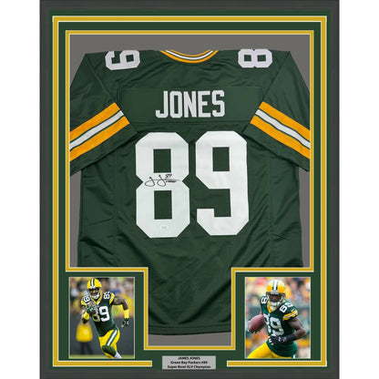 Framed Green Bay Packers James Jones #89 autographed jersey with photos and plaque