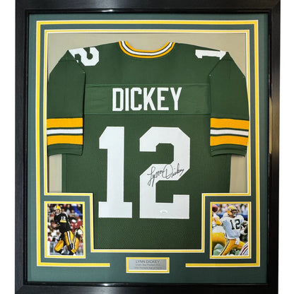 Framed Green Bay Packers Lynn Dickey #12 autographed jersey with photos for display