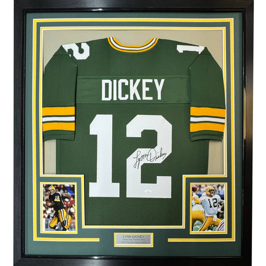 Framed Green Bay Packers Lynn Dickey #12 autographed jersey with photos for display