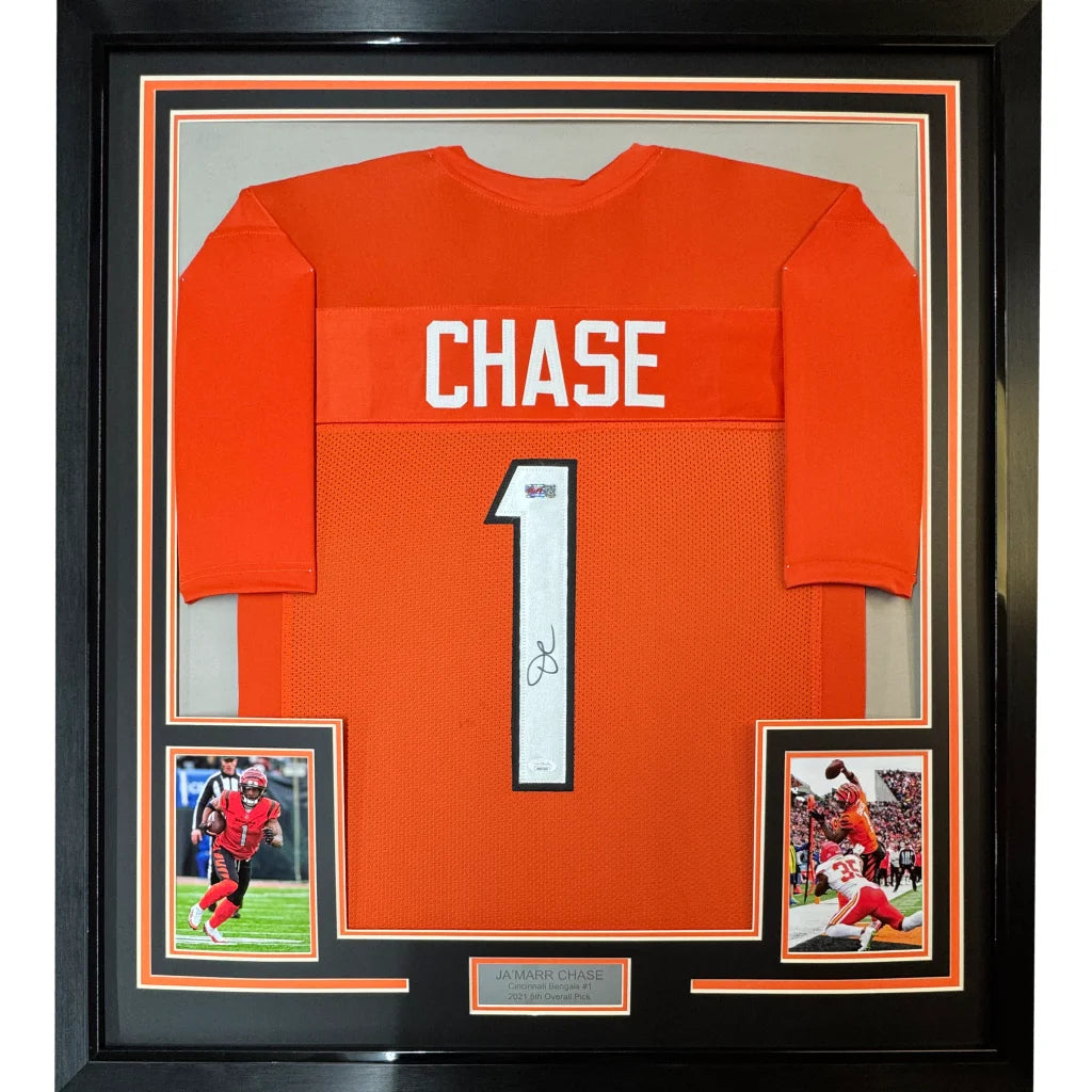 Framed JaMarr Chase autographed jersey with two photos ready to hang